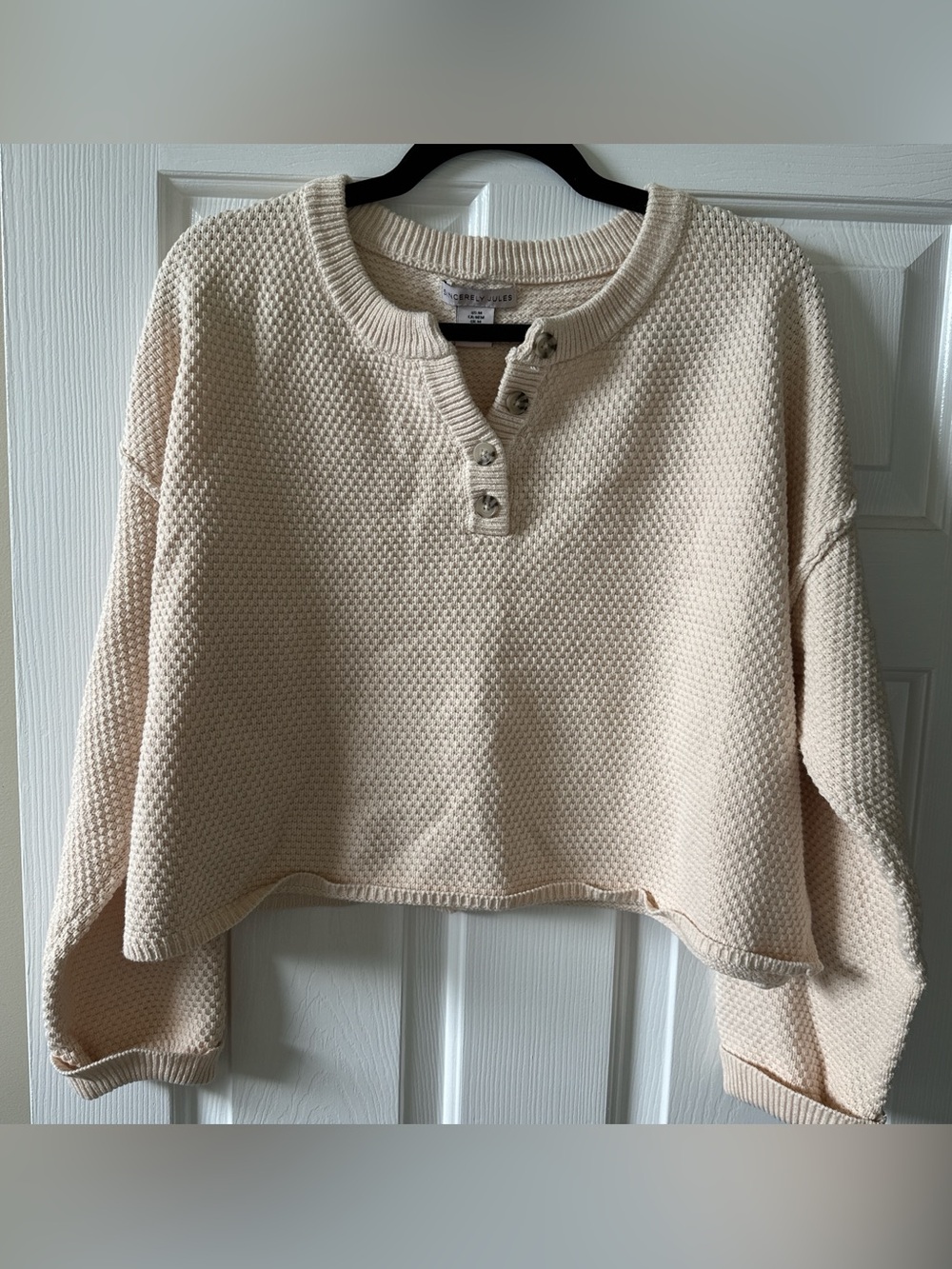 Free People Dupe Cream Cropped Waffle Henley Sweater